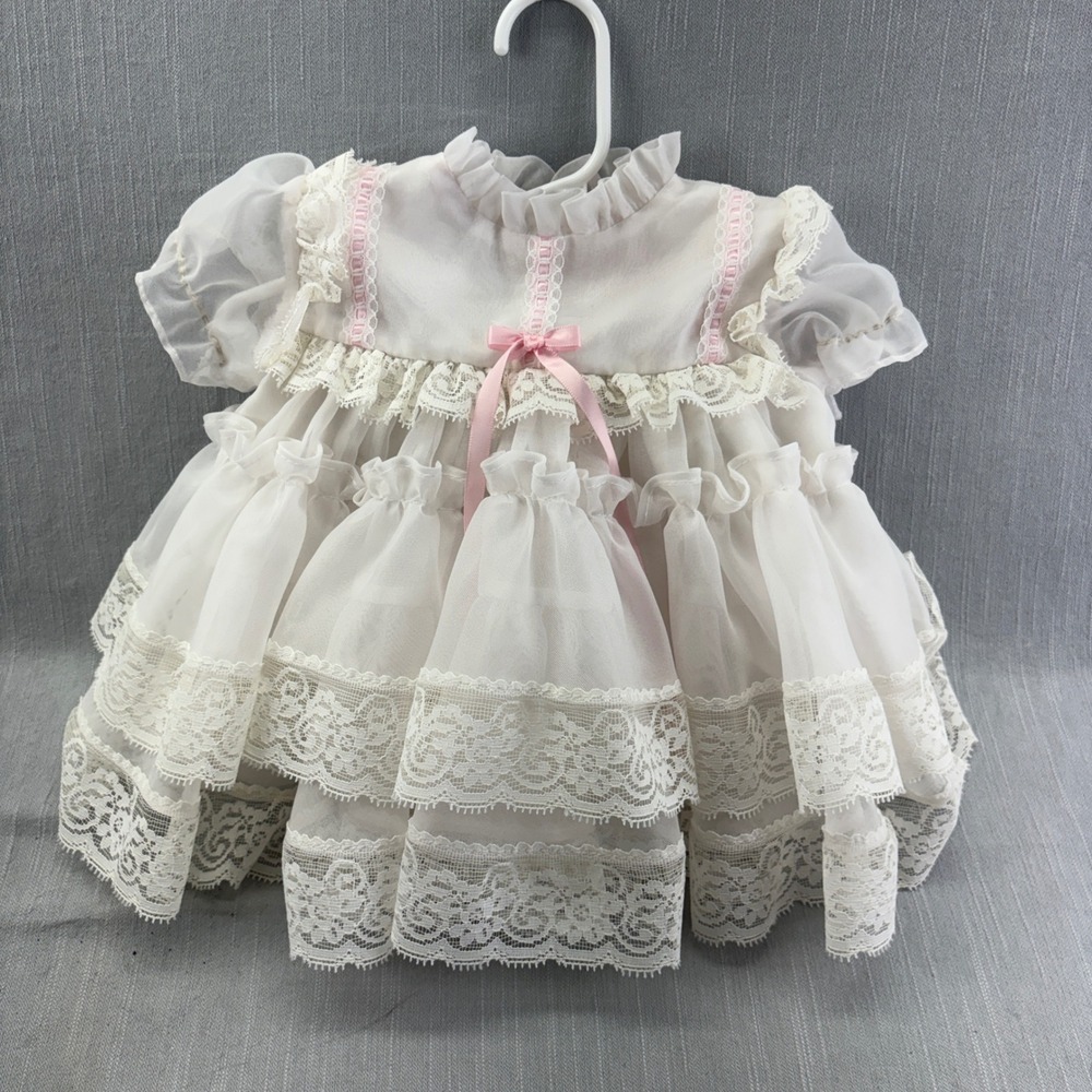 Kandy Ann Dress Baby Girl 9 Months Vintage White Lace Ruffle Pink Bow 9207